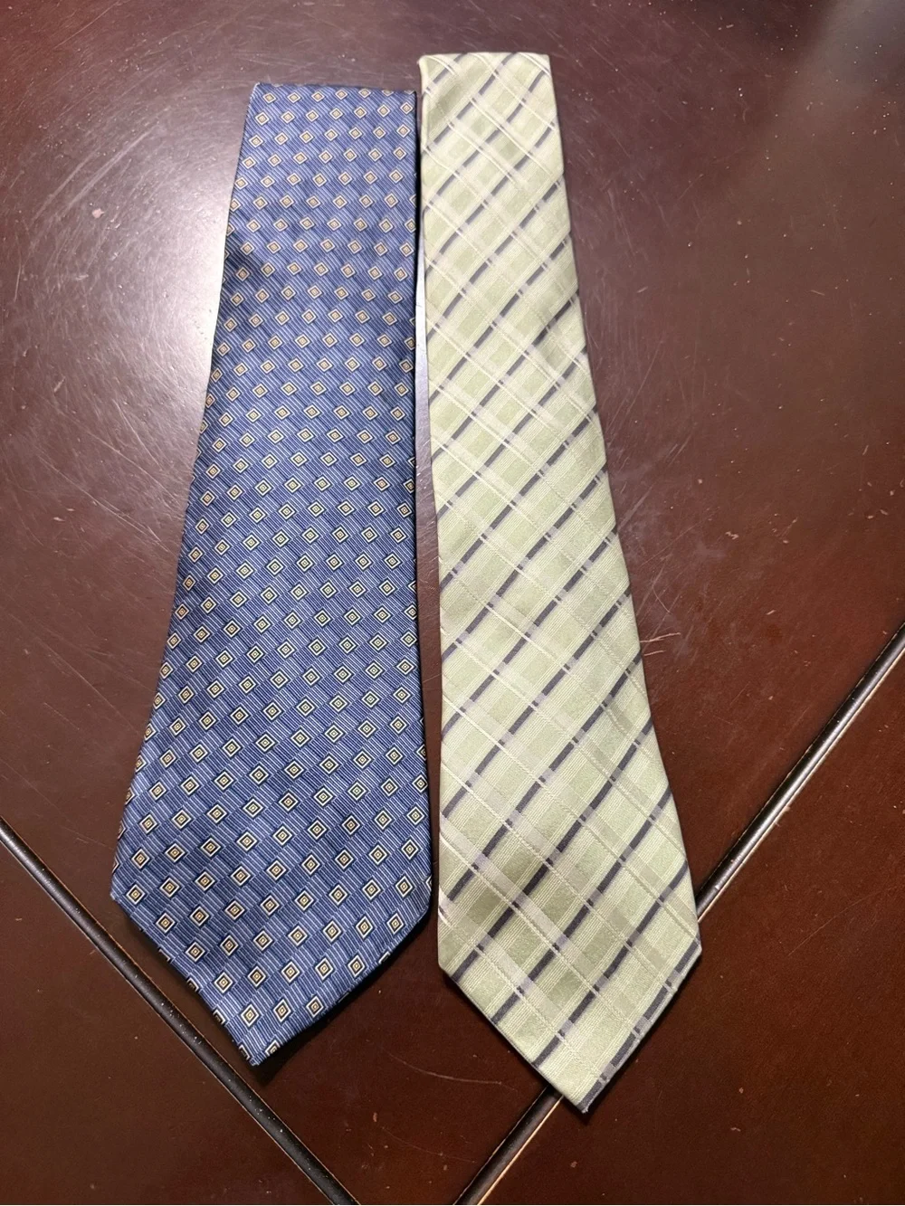 Perry Ellis Blue Geometric & Light Green Plaid Silk Ties